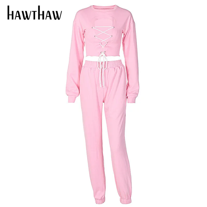 

Hawthaw Women Autumn Winter Hollow Out Crop Tops T Shirts Long Pants Sportswear Two Piece Sets Tracksuit 2020 Fall Clothes