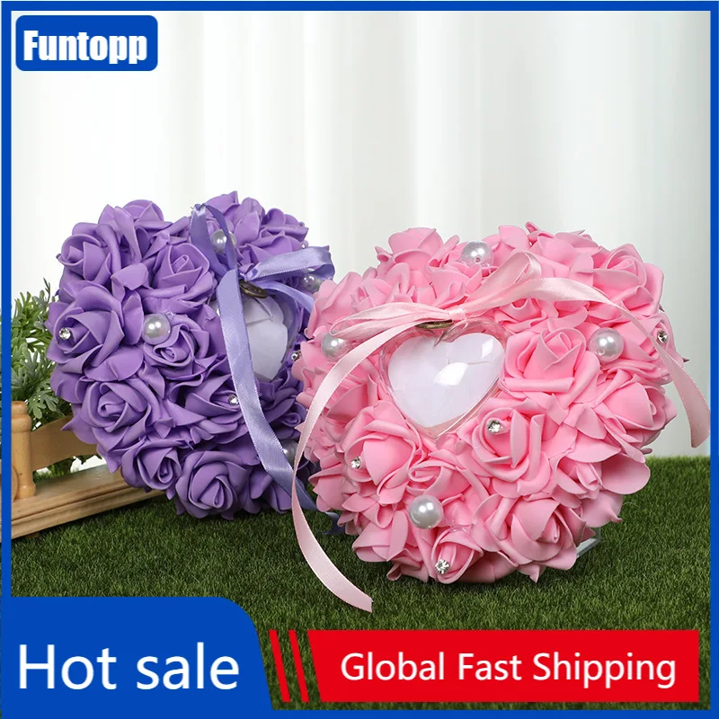 

Romantic Wedding Decor Heart-shape Rose Flowers Valentine's Day Gift Ring Bearer Pillow Cushion Pincushion Ring Party Decoration