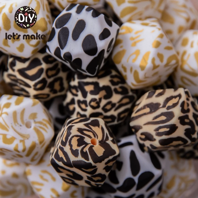 Let's Make-Cuentas octogonales de silicona para mordedores de beb&eacute;, juguetes para masticar, abalorios de leopardo impresos de 14mm, accesorio para manualidades, 10 Uds.-2