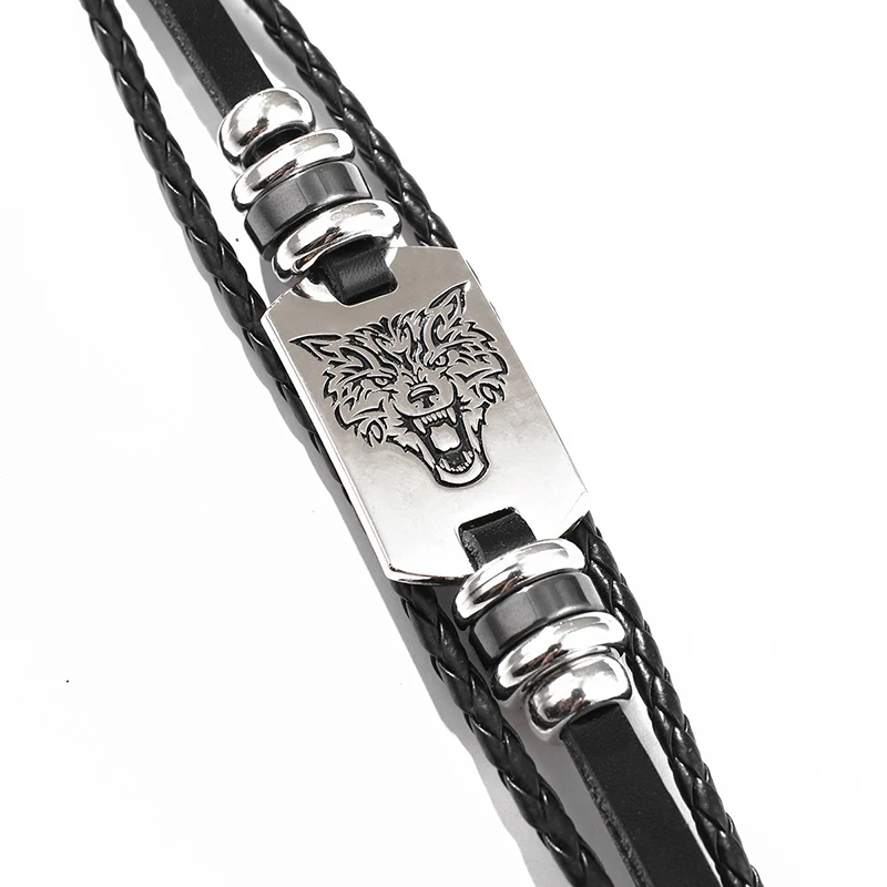 Многослойный кожаный браслет из нержавеющей стали с изображением головы волка в