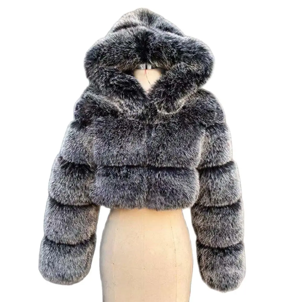 

HJQJLJLS High Quality Furry Cropped Faux Fur Coat Jacket Women Fluffy Top Coats Hooded Winter Female Artificial Fur Jacket