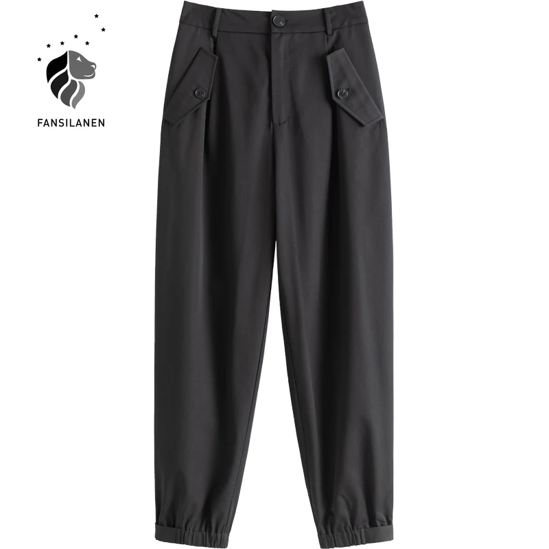 

FANSILANEN Casual streetwear black cargo pants Women pocket high waist pants capri Female spring loose elegant trousers bottom