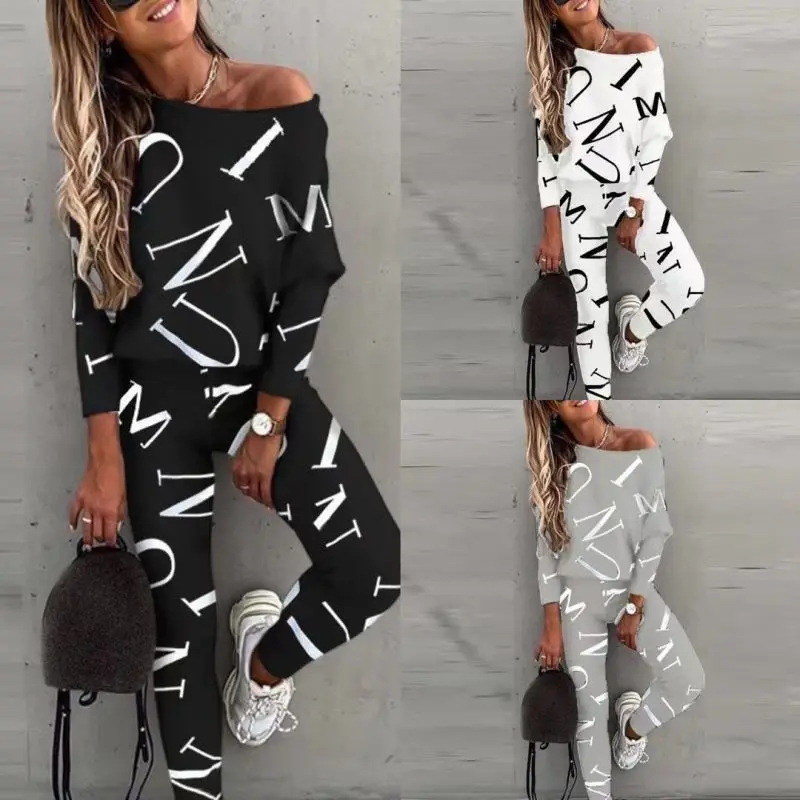 

Spring New European and American Sports and Leisure Women's Letter Printed Long Sleeve T-shirt and Trousers Two Piece Suit