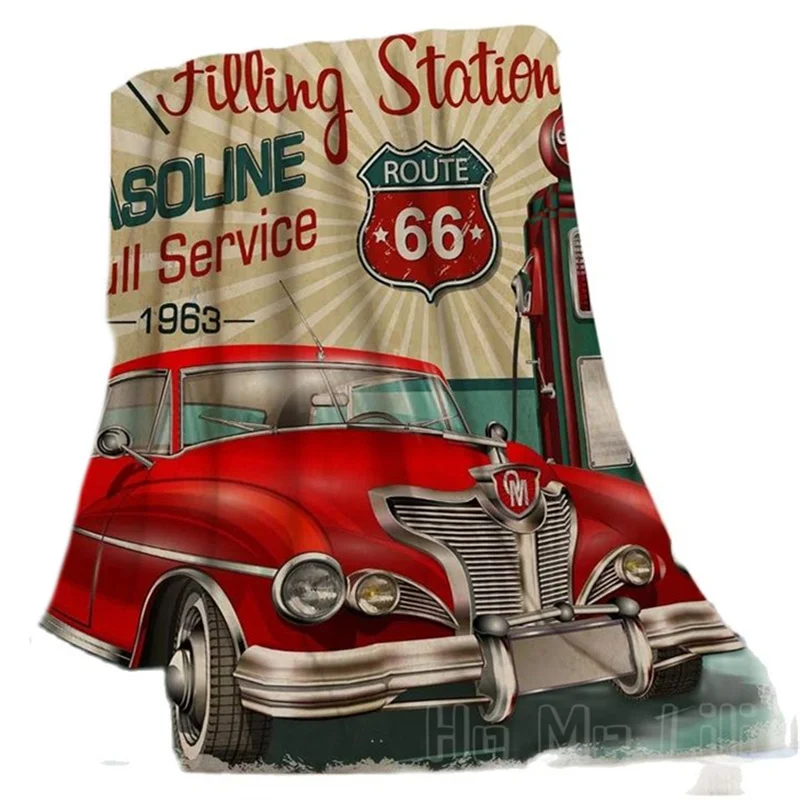 

Classic Red Car Flannel Blanket 1960s Filling Station Gasoline Route 66 Retro Poster Soft Warm For Bed Couch Sofa Office