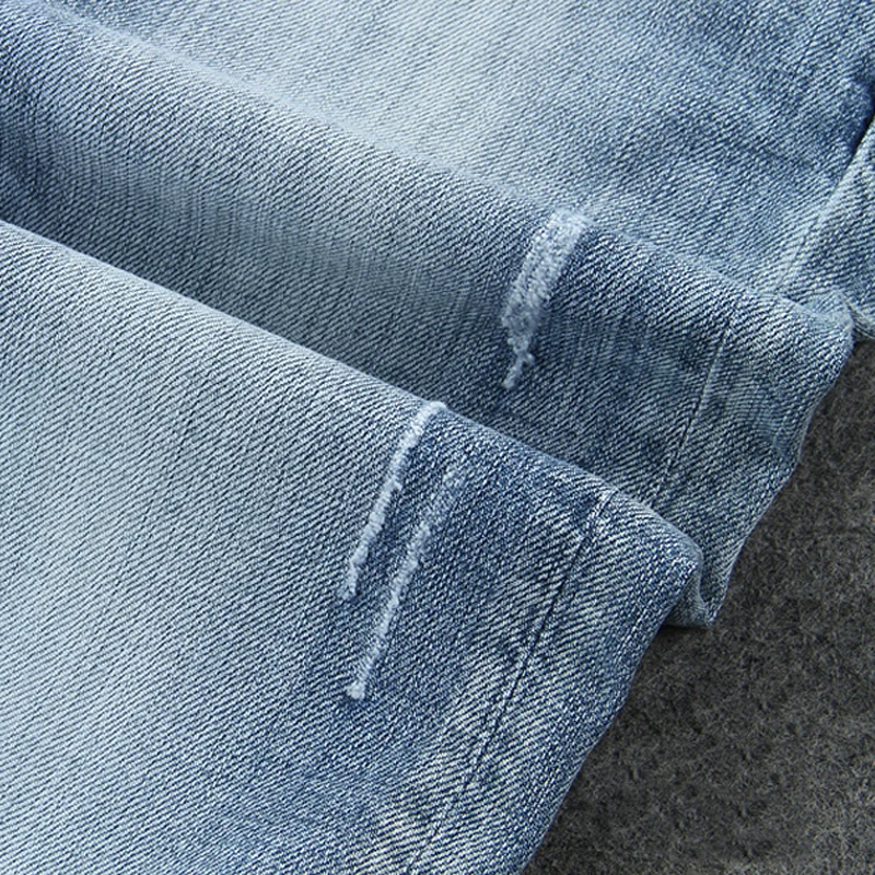 European American Vintage Fashion Men Jeans Retro Light Blue Elastic Slim Fit Ripped Jeans Men Korean Style Denim Pencil Pants