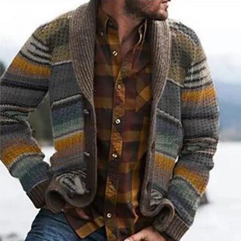 

2020 Autumn Winter Vintage Single Breasted Coats For Men Casual Long Sleeve Jacket Male Fashion Turn-down Collar Striped Outwear