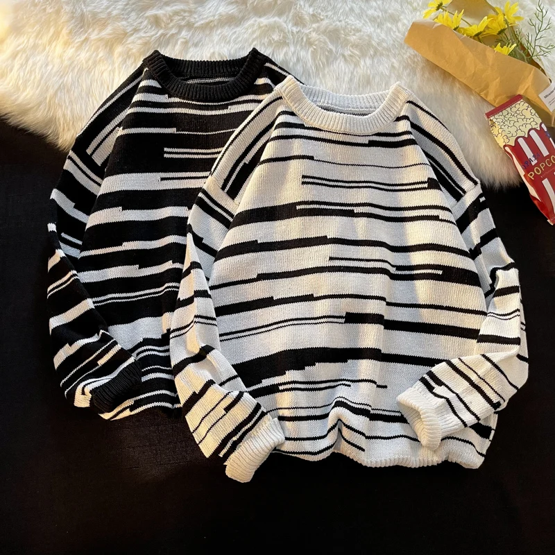 

2022 Spring Autumn Striped Sweater Men Knitted Sweaters Fashion Streetwear Clothes Men Long Sleeve Casual Tops Pullovers H139