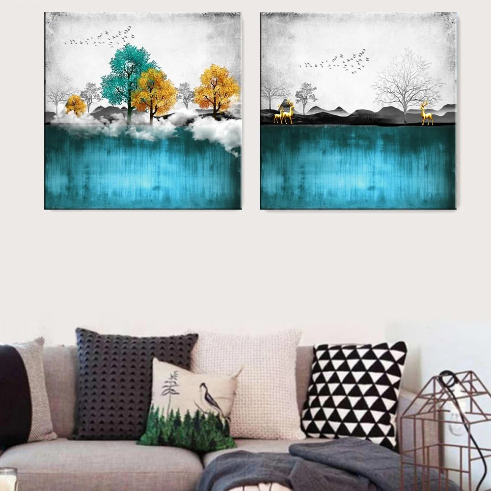 Горное озеро елка лося Картина Пейзаж абстрактная живопись плакат Nordic украшения