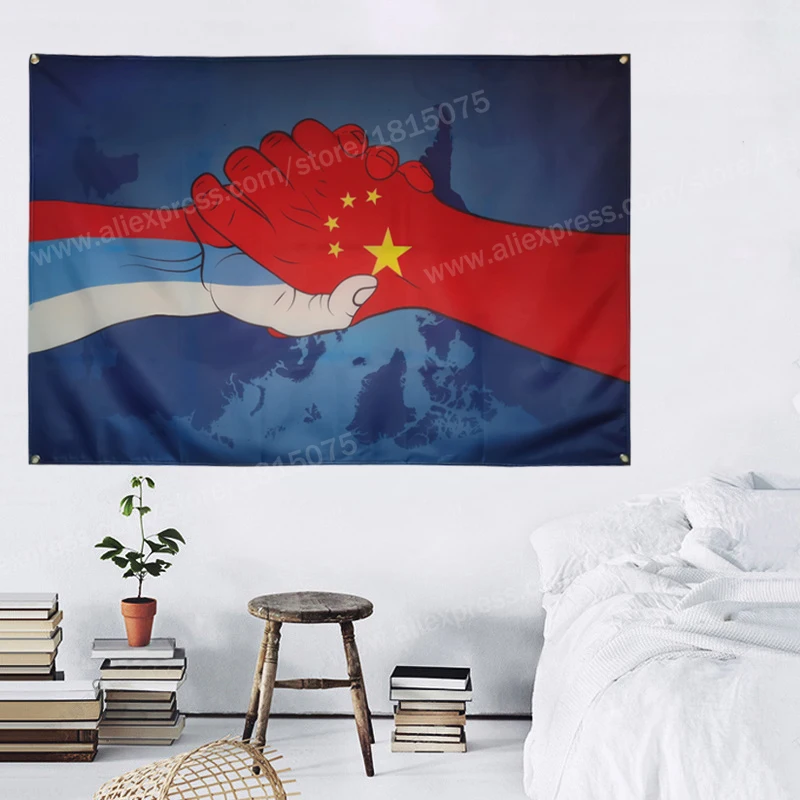 Friendship Flag Banner Polyester 96cm* 144cm Hang On The Wall 4 Grommets Custom Indoor China Russia Shake Hands | Дом и сад