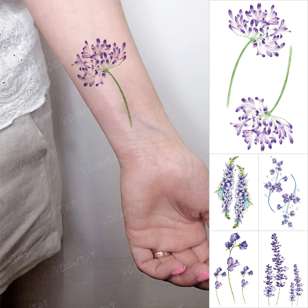

Transfer Waterproof Temporary Tattoo Sticker Lavender Flower Purple Plant Flash Tatto Women Men Wrist Arm Body Art Fake Tato Kid