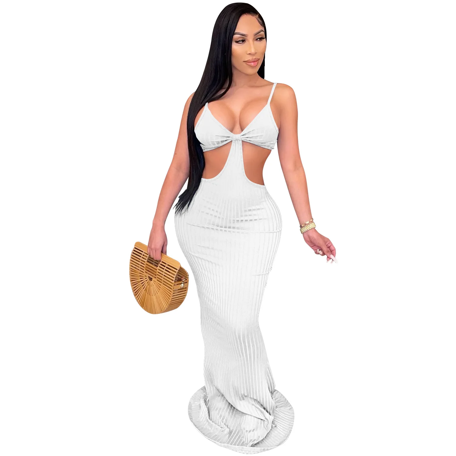 

Spaghetti Strap Solid Maxi Dress Sexy Backless Crop Top Long Dress For Women Sleeveless White Elegant Party Club Dress