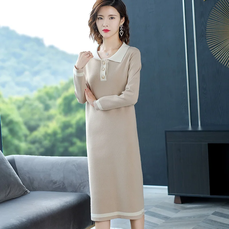 Женское длинное трикотажное платье-свитер с отложным воротником | Женская одежда