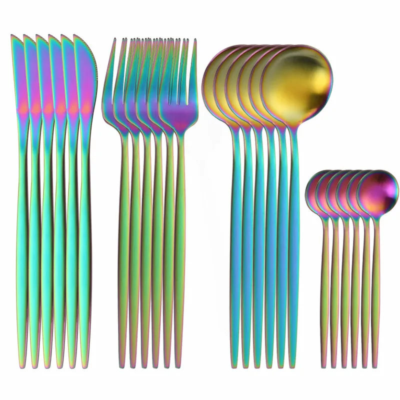 

Matte Cutlery Set Stainless Steel Dinner Set 24pcs Rainbow Dinnerware Set Kitchen Tableware Silverware Spoon Fork Knife Cutlery