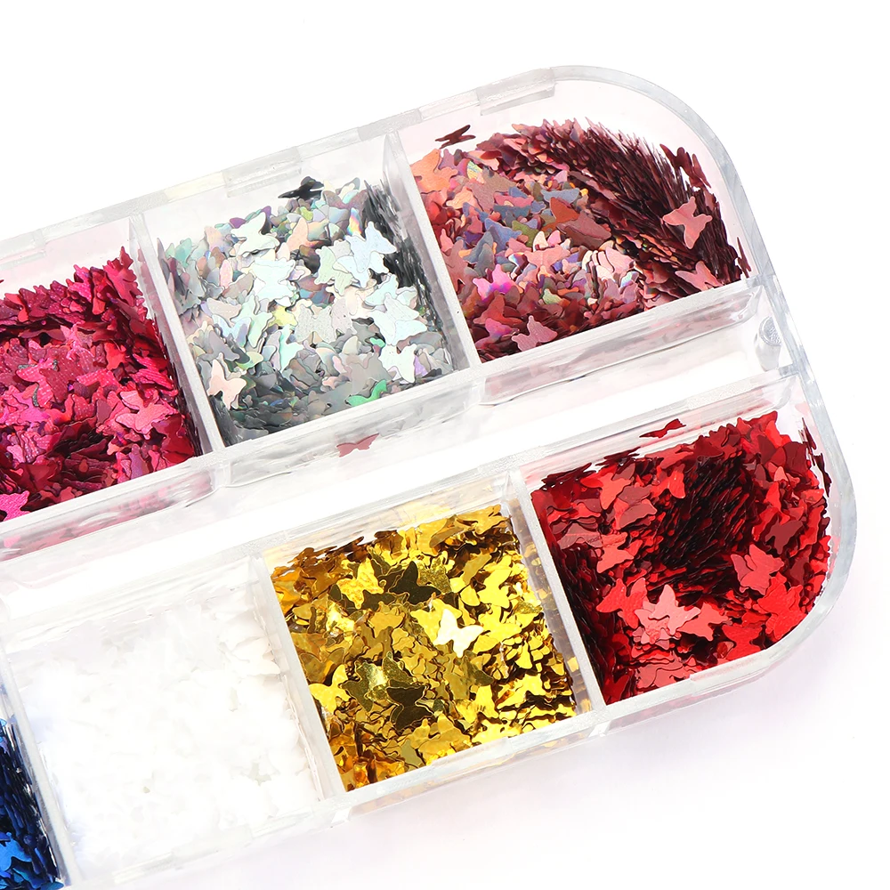 12 сетки/коробка зеркальные Блестящие бабочки для ногтей блестки смешанные цвета