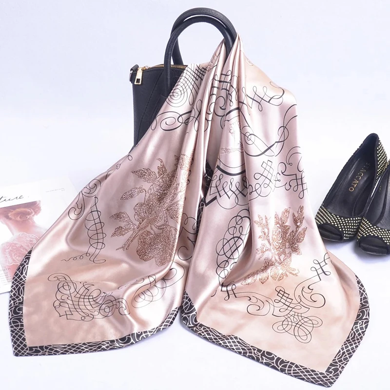 

90*90cm Square Silk Scarf Women Fashion Designer Beautiful Flowers Foulard Soft Satin Shawl Kerchief Scarfs Neck Headscarf