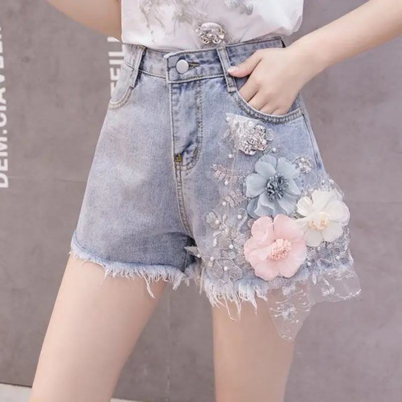 Summer new female embroidered sequins girl short sleeve T-shirt rough denim shorts two fashion suits  Wide Leg Pants