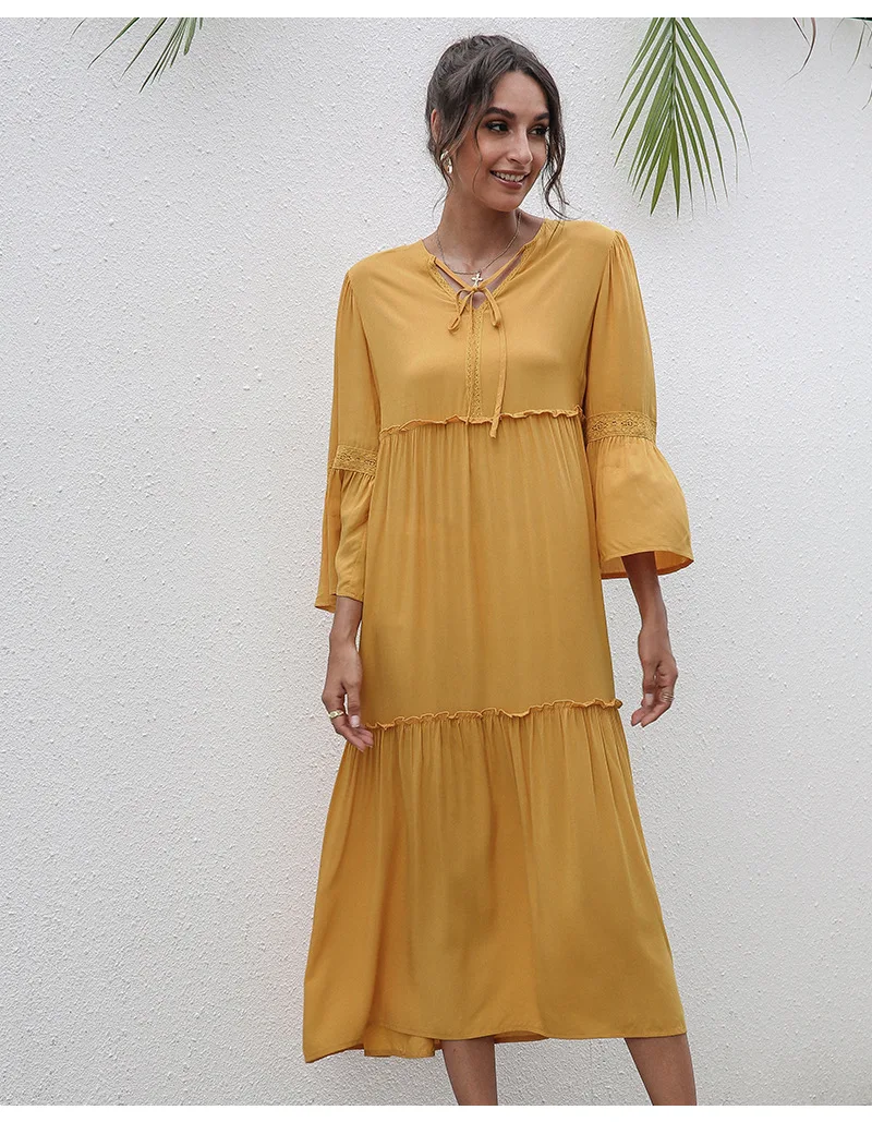 

European and American Spring Popular Women's Cross Border Loose Ruffle Medium and Long Sleeve Dress 1669 Dresses Women