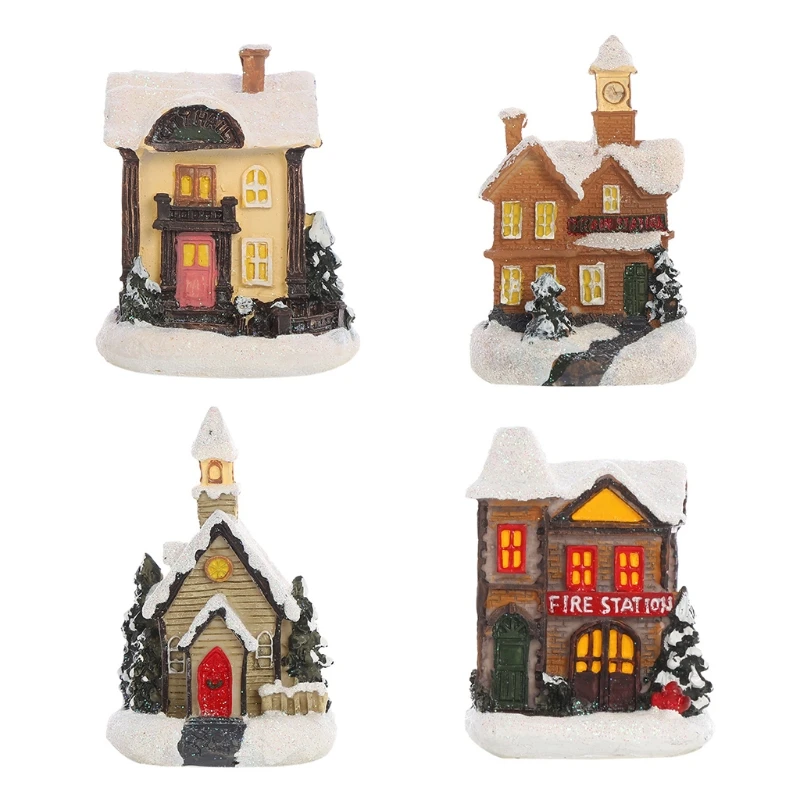 

Christmas LED Lighted Miniature Snow House Resin Ornament Village Scene Battery Operated Luminous Figurine Xmas Dollhouse