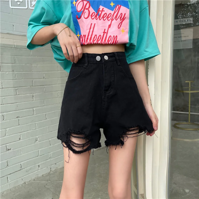 

2021 New Arrival Summer Gray Jeans Short Loose Hole Black All-match Slim Ripped Baggy Jeans Women High Waist Blue White Pants