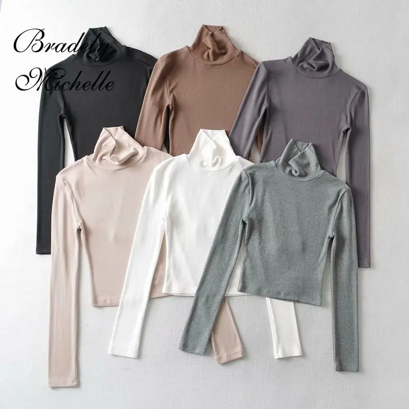 

2021 New Fashion Women's Tees Solid High Neck Short Bottoming Casual T-shirt Long Sleeves Tees