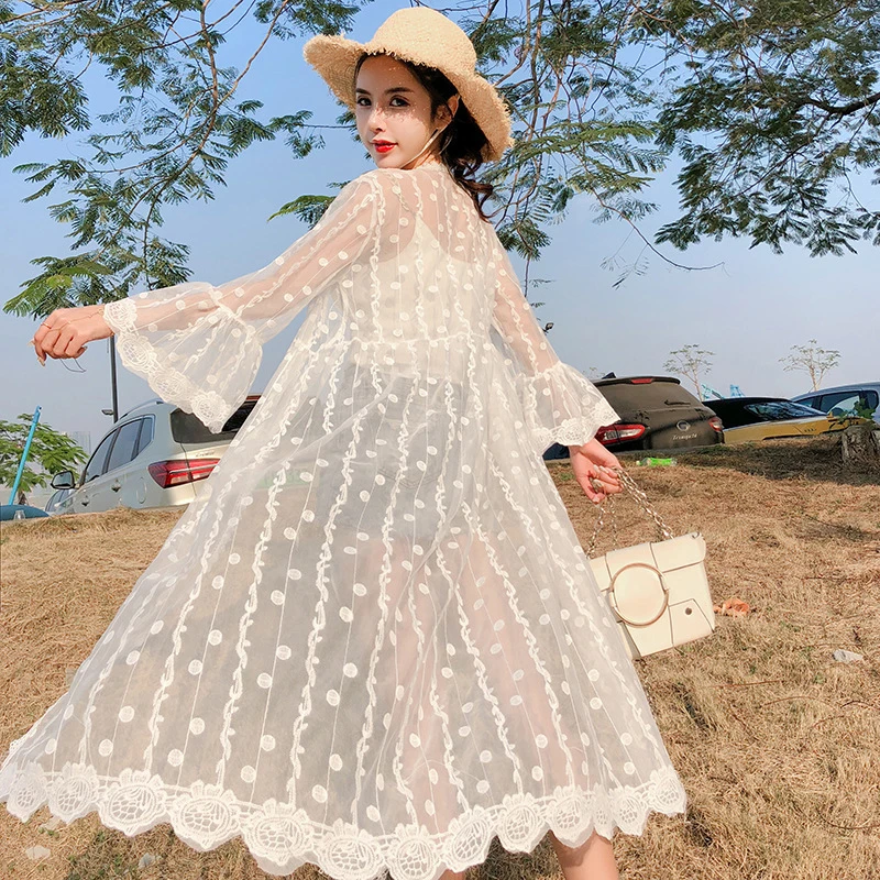 Crochet Tunic Beach Dress Slit Hemline Cover-ups Sexy Hollow Out Knitted Swimsuit Cover Up Long Sleeve Summer Women Beachwear | Женская