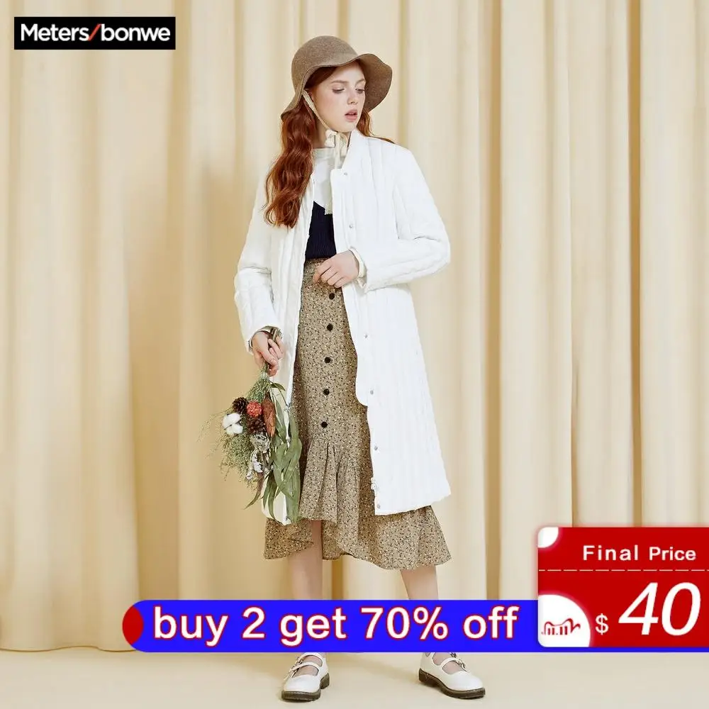 Metersbonwe длинный теплый пуховик женский зимний 90% белый утиный пух простое теплое