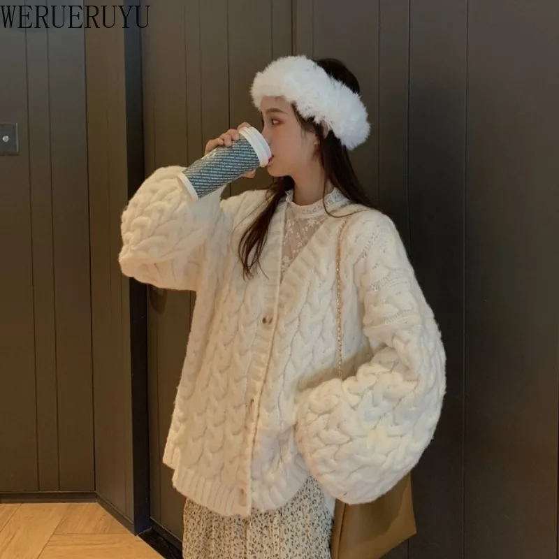 

WERUERUYU Sweet Korean Wild Loose Twist Knit Long Sleeve Women's Sweater Harajuku Single-breasted Simple Candy-colored Female