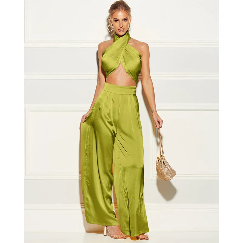 

Women Sexy Two Pieces Sets Beachwear Solid Color Halter Tube Top Wide-Leg Pants Suit Summer New Beach Suits