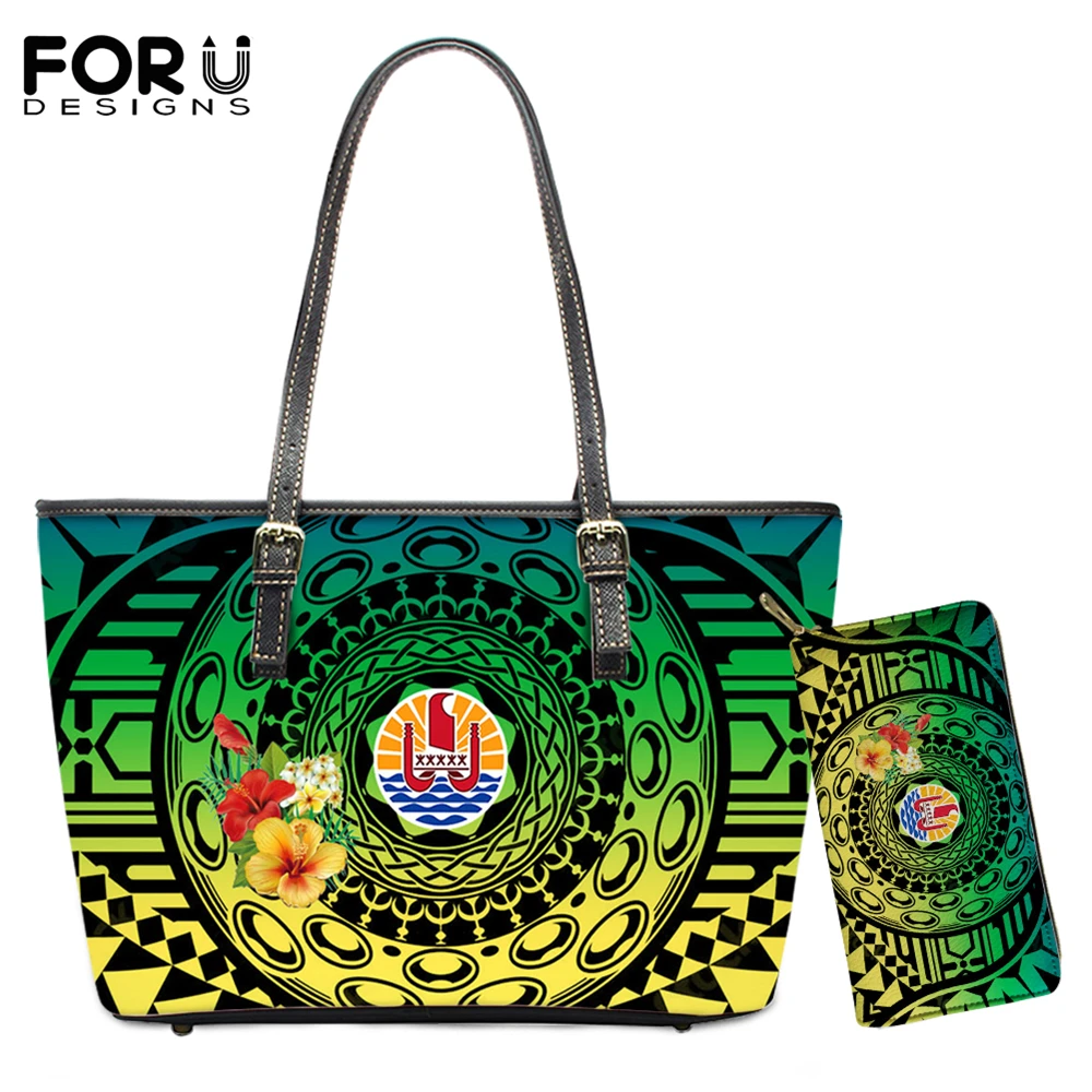 

FORUDESIGNS Luxury Women Handbag And Wallets Set Tahiti polynesian Hibiscus Print Feamale Large Capacity Pu Leather Shoulder Sac