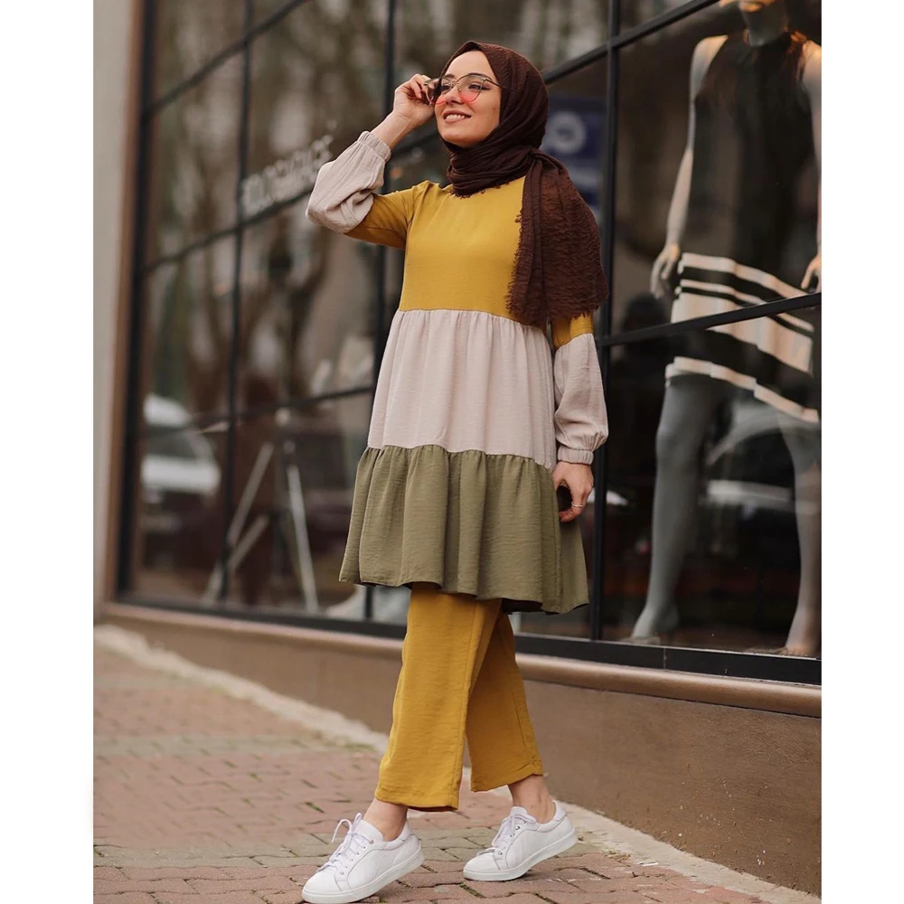 Мусульманские женские комплекты костюмы Abaya топы штаны Лоскутная одежда длинный