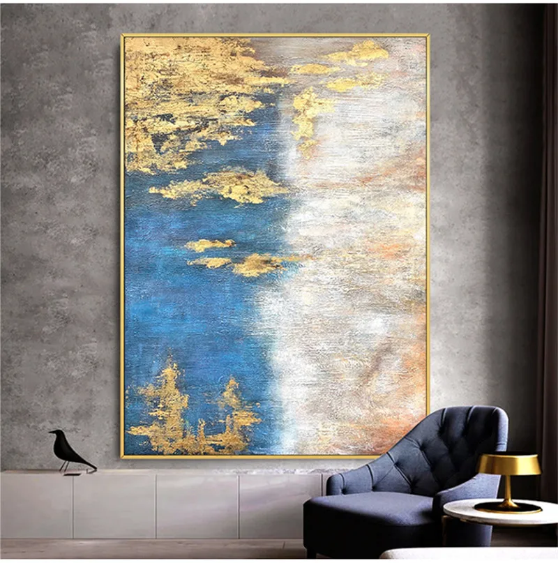 Чистая ручная роспись высокого качества абстрактная светло-голубая и Золотая