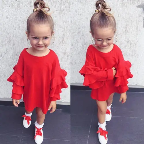 2020 Toddler Kids Baby Girls Summer Autumn Fashion Cassual Ruffle Off Shoulder Long Sleeve Red Cotton Short Dress Clothes | Детская