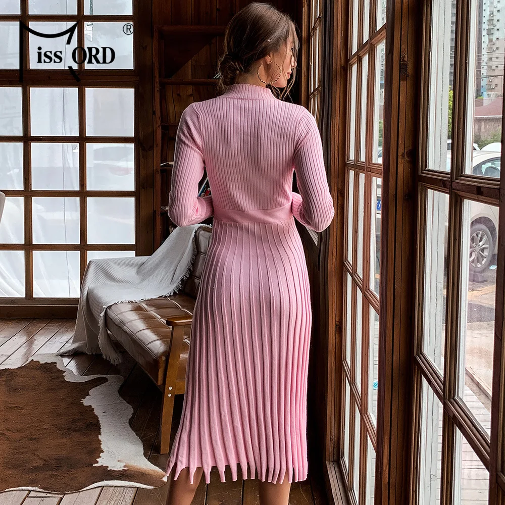 Платье-Свитер женское осенне-зимнее однотонное с высоким воротником и длинным