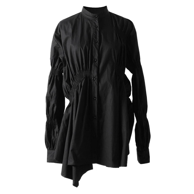 

Big Size Shirt Women Blouse Fashion 2021 New Spring Summer Stand Collar Long Lantern Sleeve Fold Elastic