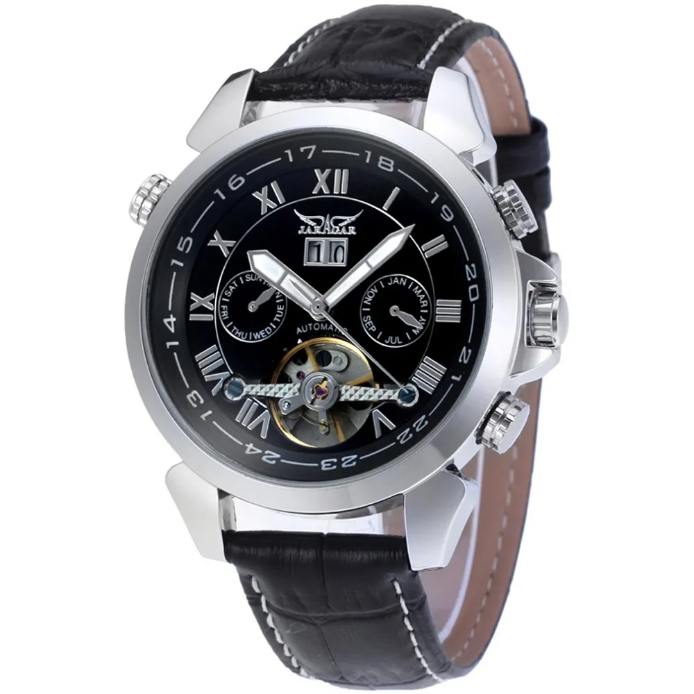 Silver Case Black Модные JARAGAR, мужские Брендовые Часы, дата, кожа, Tourbillon, маховик, авто механические мужские часы, наручные часы, подарочная коробка - Цвет: Silver Case Black
