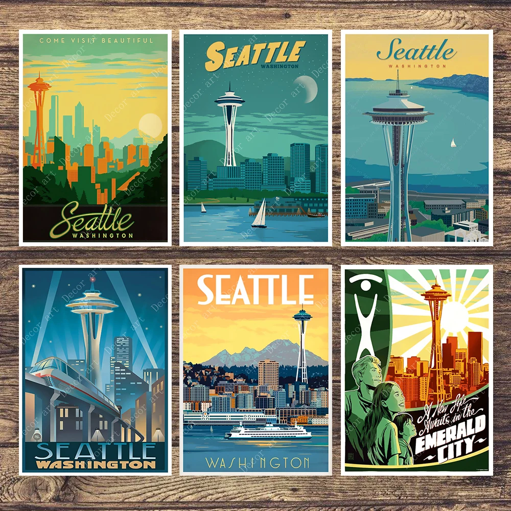 Дорожная холщовая картина из США Сиэтл Вашингтон винтажные настенные крафт