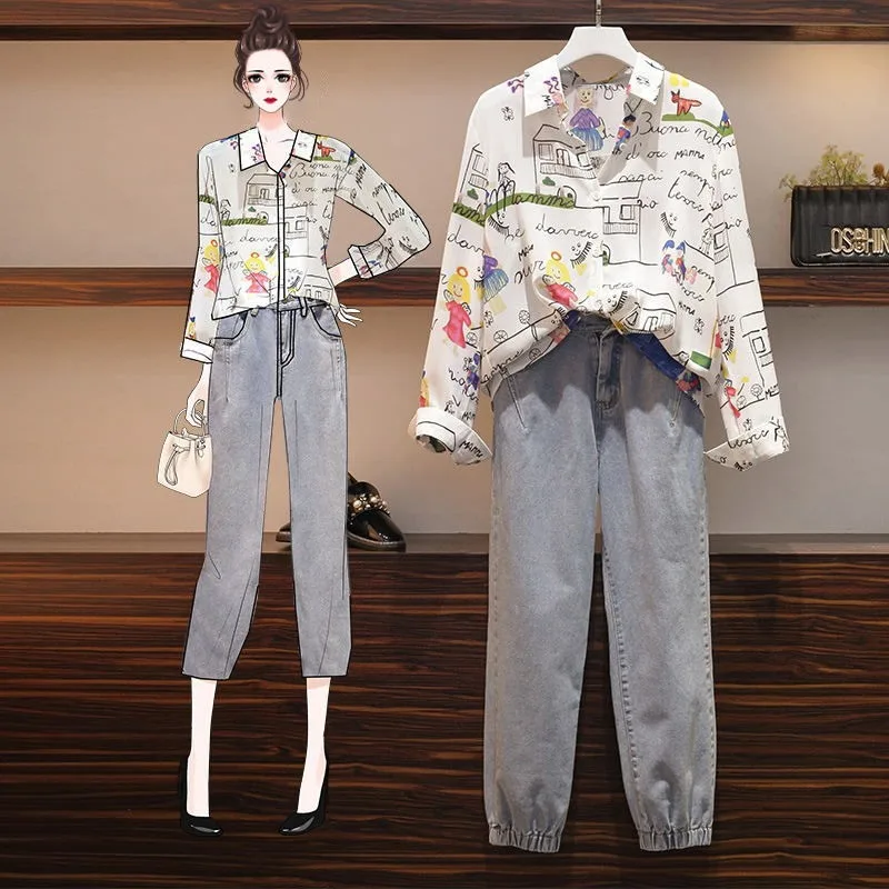 

Размера плюс из двух предметов летняя одежда для женщин, костюм для похудения новый западный Стиль Джинсовый комплект из двух предметов, ко...