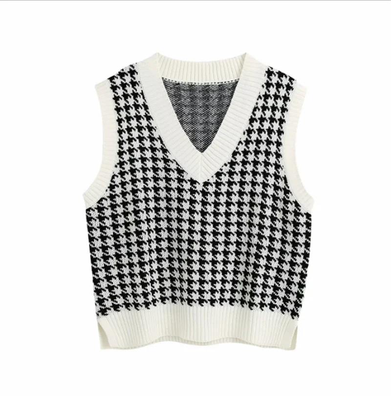 

Fashion Women Knitted Vest Pullovers V Neck Sleeveless Houndstooth Knitted Jumper Pullovers Korean Loose Plaid Sweater Vest