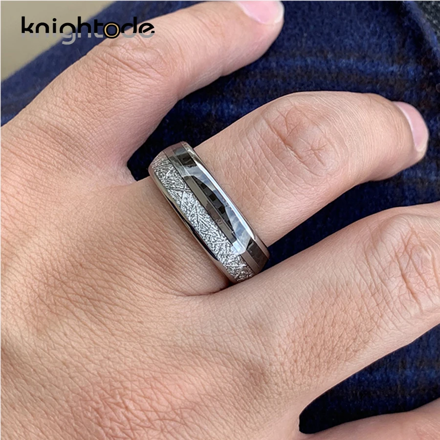 8 мм кольца из карбида вольфрама белый метеорит/Черный инкрустация углеродного