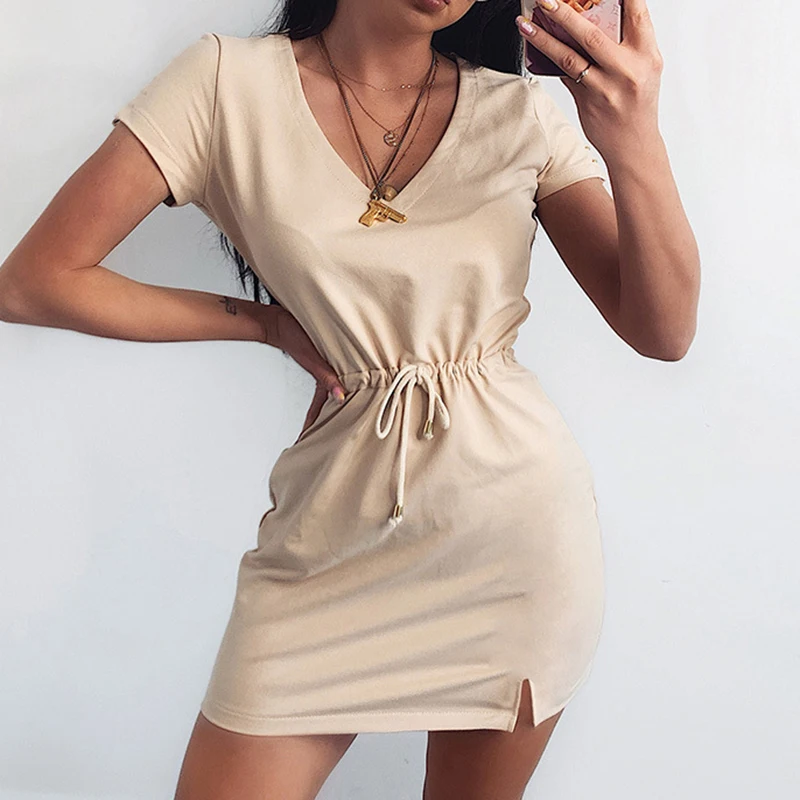 

Mini Sexy Party Club Dresses Sashes Red Apricot Solid Clothing Female 2021 Summer Women Short Sleeve V-Neck Dresses G2411