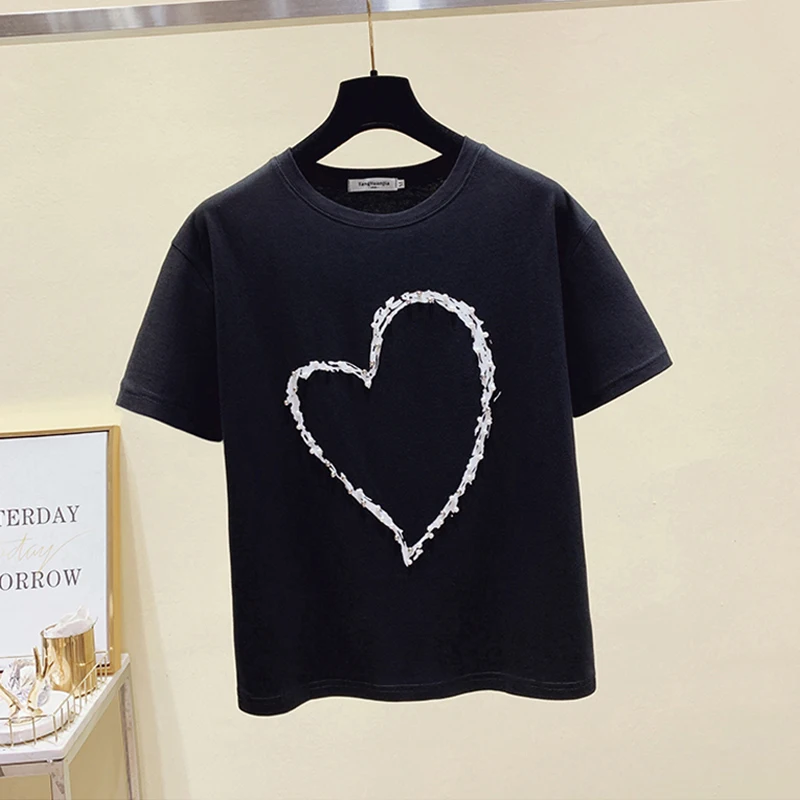 

2021 Casual Cotton Basic Love Beading T-shirt Women Short Sleeve Tee Shirts Female Solid Tees Ladies Summer Tops y2k Harajuku