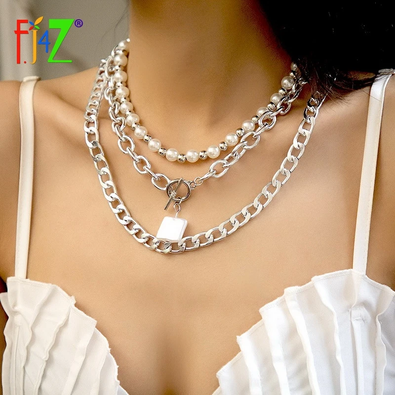 

F.J4Z 2021 Trend Women's Necklaces Beaded Simulated Pearl Cuban Chain Toggle Statement Chunky Necklace Punk Party jewelry