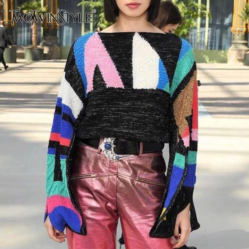 TWOTWINSTYLE лоскутный геометрический хит цвета женский свитер с круглым вырезом и