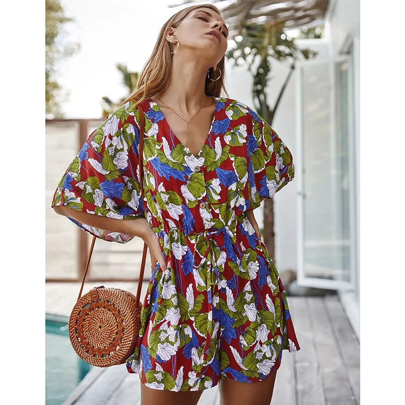 

Dungarees Women Jumpsuit 2020 Summer Floral Print Romper V Neck Half Sleeve Sashes Buttons High Waist Holiday Bodysuit female