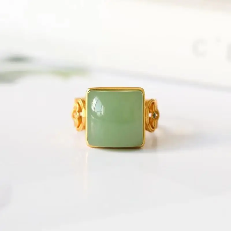 

S925 Sterling Silver Gold Plated Natural Hetian Jade Green Jade Ring Oversized Square Ring Ornament for Women