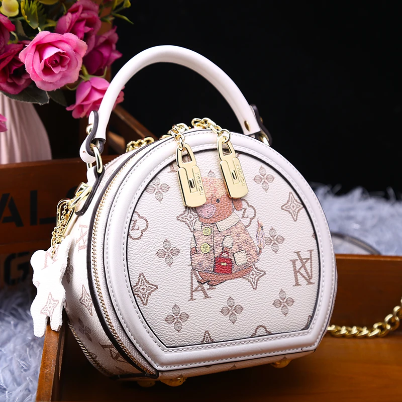 

Small Round Leather Bag 2021 Spring and Summer New Female Fashion Chain Bag Cartoon Shoulder Messenger Bag Women Leather Handbag