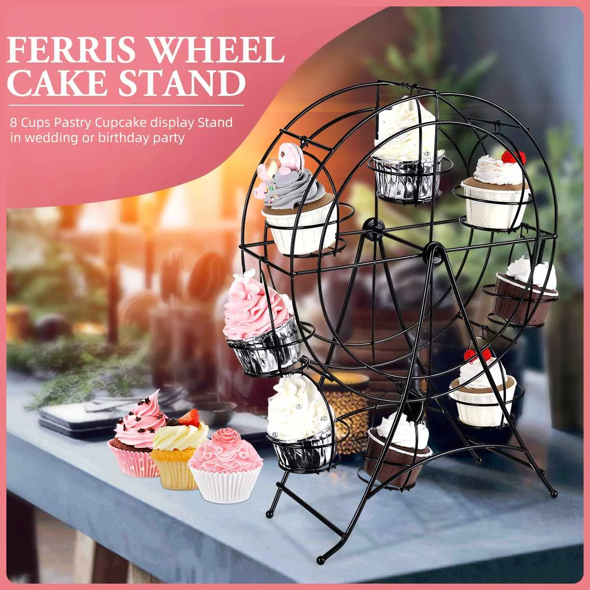 

Party Rotatable Pastry Cupcake Holder 8 Cups Iron Ferris Wheel Cake Stand Home Kitchen Cupcake Stand For Wedding Birthday Decor