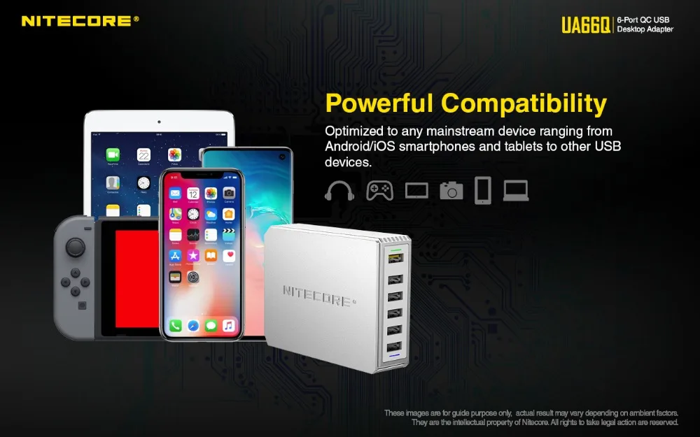 NITECORE UA66Q 6-Порты и разъёмы QC Зарядное устройство USB адаптер 68 Вт высокой мощности Скорость зарядкой зарядное устройство QC 3,0/QC 2,0 Выход Aavaiable большого Ёмкость устройств
