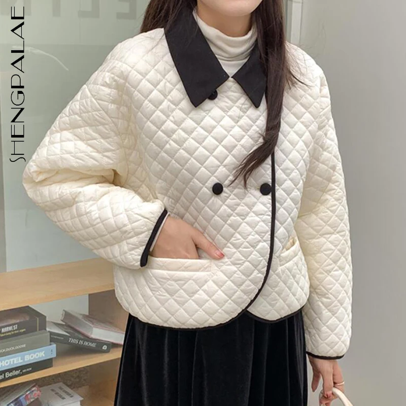 

SHENGPALAE модное двубортное пальто контрастных цветов с хлопковой подкладкой для женщин, новинка зимы 2021, черная юбка с высокой талией