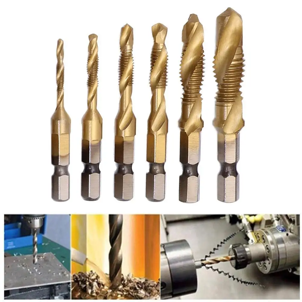 

Tap Drill Titanium Plated Hex Shank HSS Screw Thread Metric Screw Compound M5 Hand Tap Bits Machine Tools M6 M4 Drill M10 C6X2